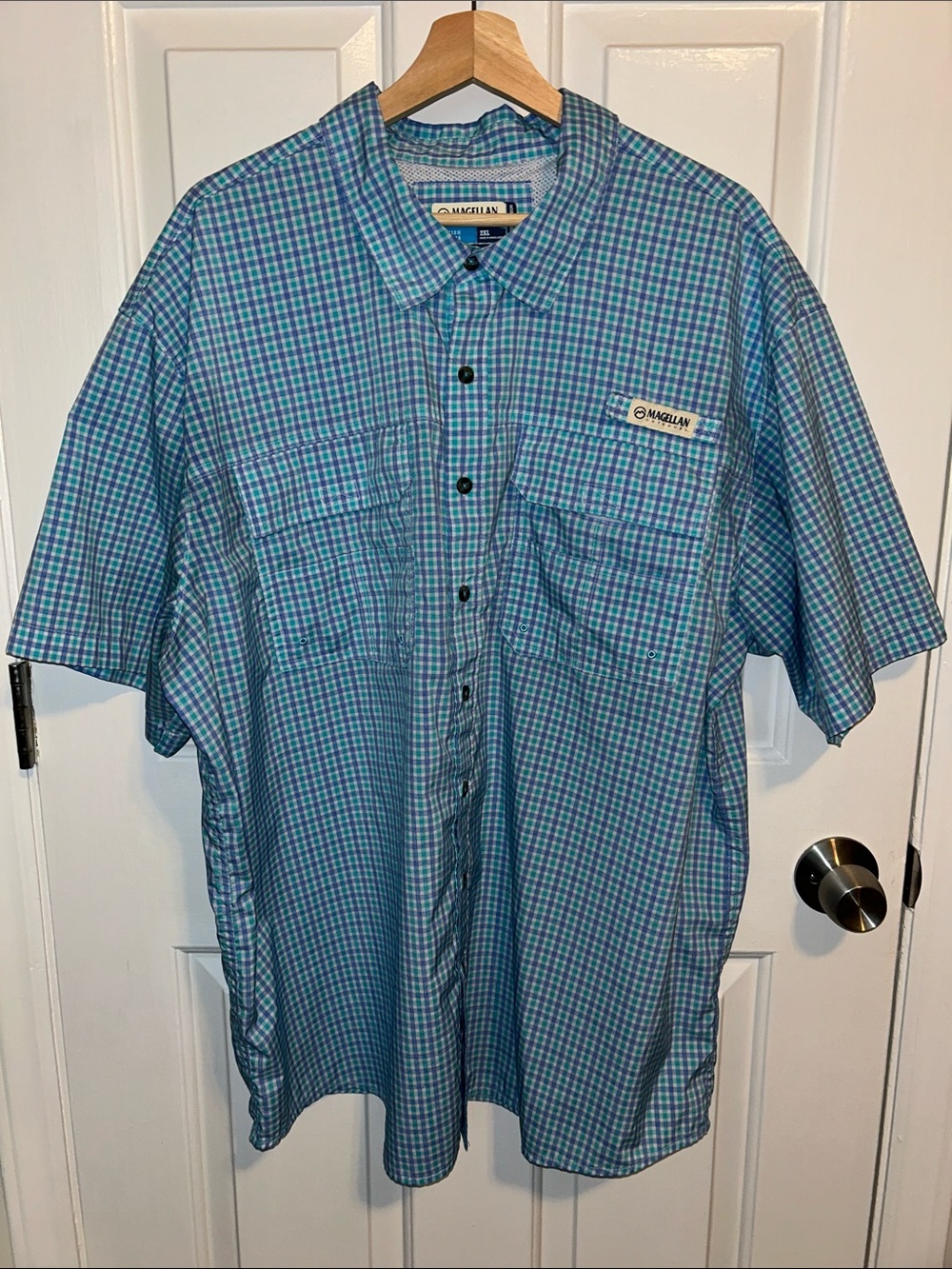 Magellan Outdoors Men's Blue Plaid Short-Sleeve Relaxed Fit Shirt 2XL